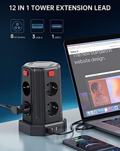 Multiprise USB Parafoudre avec 8 Prises et 4 Ports USB, Rallonge Électrique 3M avec 4 Interrupteurs, Multiprise Sécurisé