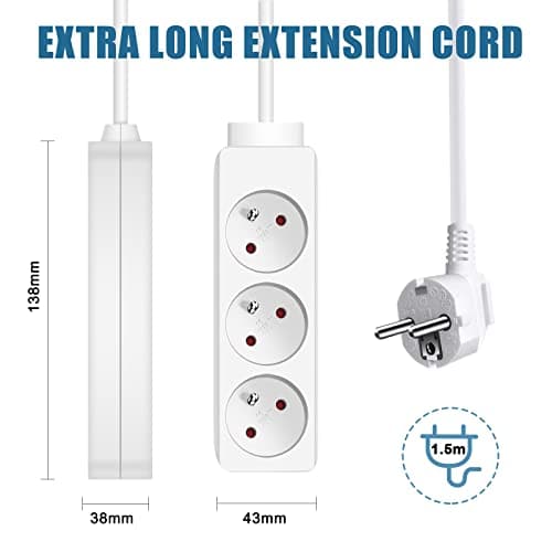 EXTRASTAR Multiprise 3 Prises 16A Blanc, 1.5M Rallonge Électrique 3G1.0mm² H05VV-F, Lot de 2