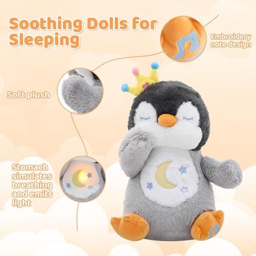 Edencomer Peluche Qui Respire avec Bruit Blanc, Veilleuse Musicale et Lumineuse, Cadeau pour Bébé Nouveau-Né (Pingouin G