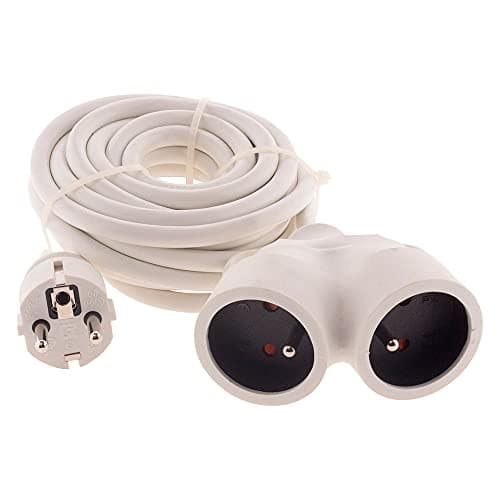 Prolongateur bi-tête Zenitech 3G1,5mm² - Blanc 5m - 1 prise mâle + 2 prises femelles - Usage domestique - Haute qualité