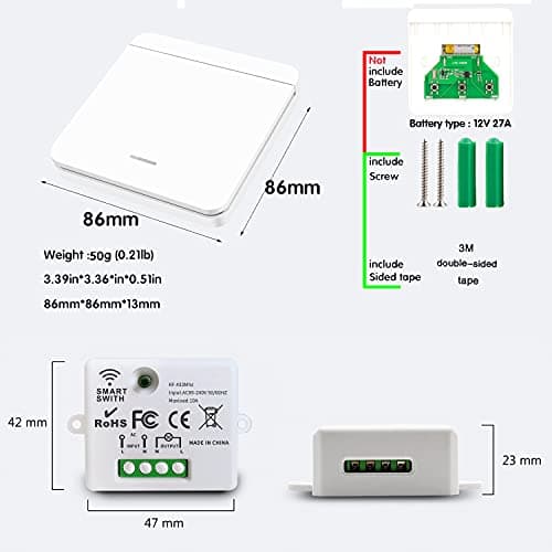 CetteRC Interrupteur d'éclairage sans fil 10A, Installation facile pour lampe jusqu'à 1500W, Contrôleur RF et sécurité