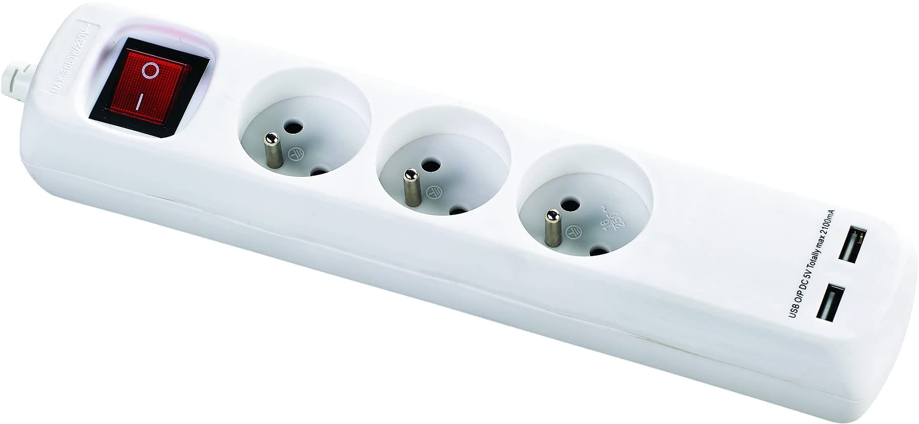 Zenitech DIO013043 Bloc alimentation Blanc 3 prises USB 2 ports 1,5 m