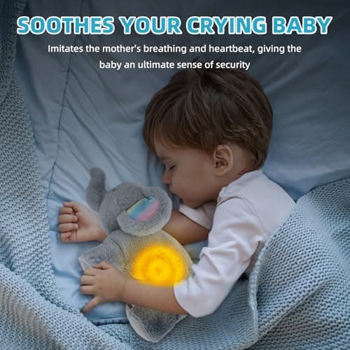 Peluche qui respire Faune Relaxant pour bébé, Veilleuse élec. musicale et lumineuse Les éléphants endormis, Cadeau naiss