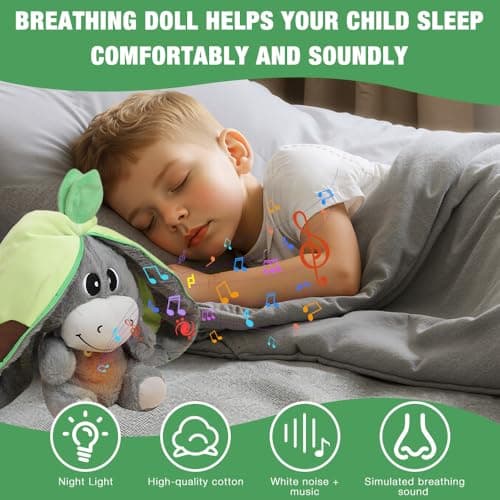 Peluche Âne Respirant avec Musique et Lumières, Jouet pour Adultes et Enfants, Doudou Réconfortant pour Détente et Couch