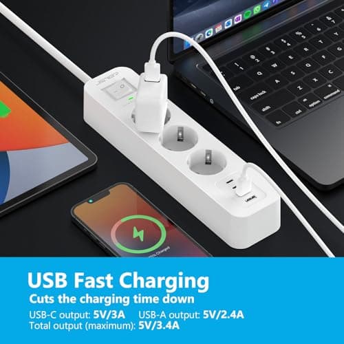 JSVER Multiprise USB-C avec Parafoudre et Surtension - 3 Prises + 4 Ports USB 5V3A, Rallonge Électrique 3M pour Maison B