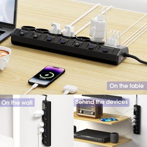Multiprise 6 prises 7 interrupteurs 3 ports USB-A 1 port USB-C protection enfant maison bureau (4000W/16A) (cordon de 2m