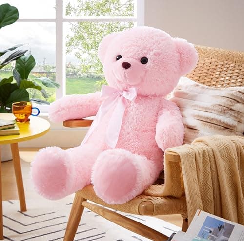 YunNasi Ours en Peluche Géant XXL 90cm - Peluche Moelleuse pour Enfants, Cadeau de Noël, Décoration Chambre Rose