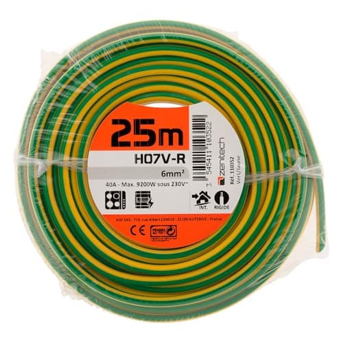 Zenitech Câble électrique HO7VR 6mm² 25m Vert/Jaune pour usages résidentiels et industriels - Fil d'alimentation 6mm² du
