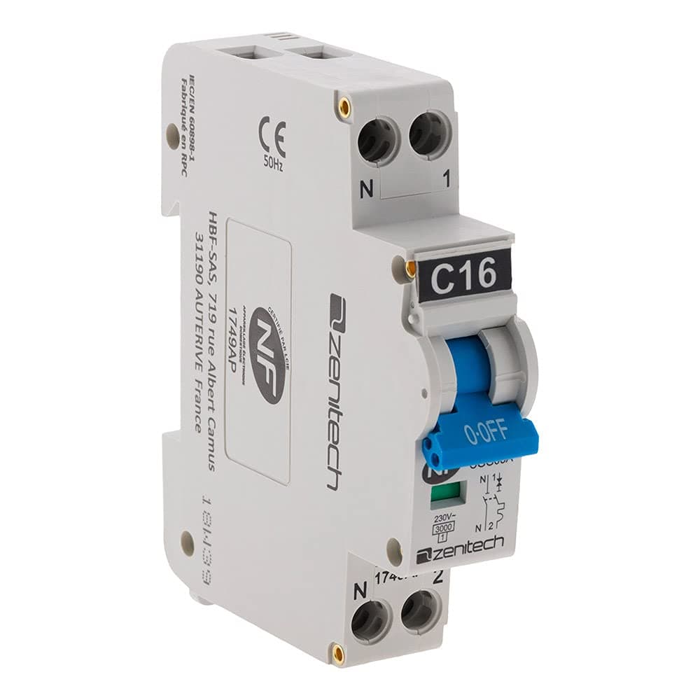 Zenitech Disjoncteur PH/N 16A NF pour résidents sécuritaires | Protection électrique essentielle dans les logements | Él