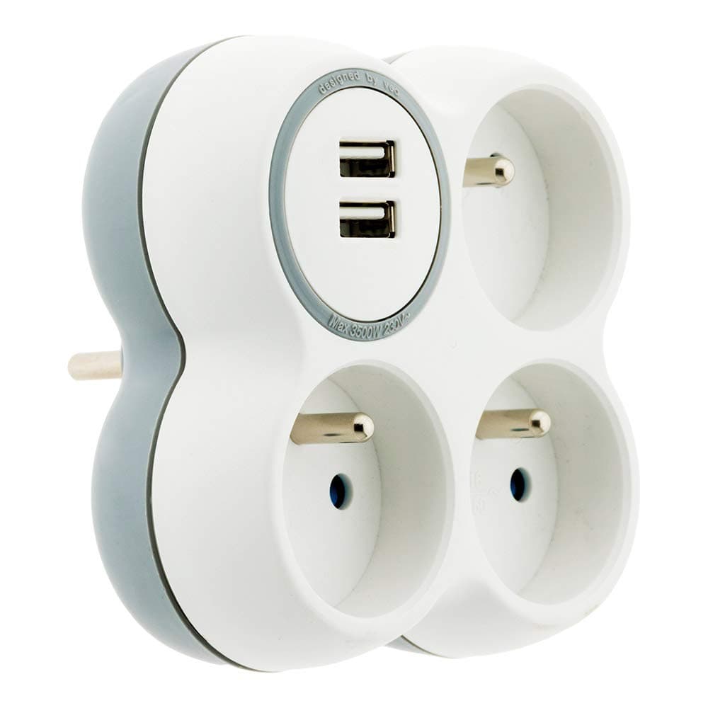 Zenitech Triplite 16A 2P+T + 2 Ports USB – Multifonction Blanc et Gris Protection Éclairage Bureau Maison