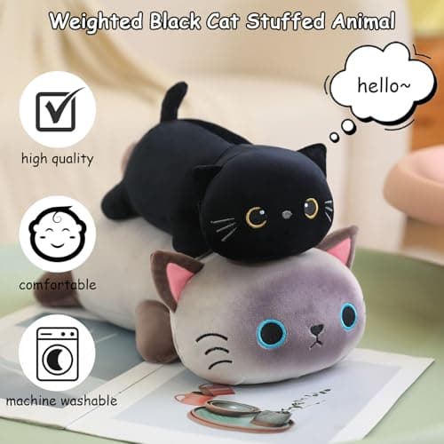 Chat Noir lesté en Peluche - Jouet Idéal pour Enfants et Adultes - Oreiller Doux - 24 cm - 0,4 kg