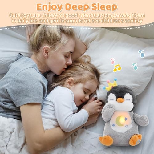 Edencomer Peluche Qui Respire avec Bruit Blanc, Veilleuse Musicale et Lumineuse, Cadeau pour Bébé Nouveau-Né (Pingouin G