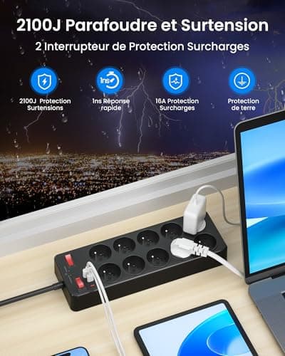 Multiprise with Switch 10 French SocketsWith Earth 16A 2P+T, Rapid Charge Block PD20W 2100J Lightning and Overvoltage Pr