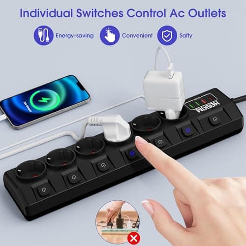 Multiprise 6 prises 7 interrupteurs 3 ports USB-A 1 port USB-C protection enfant maison bureau (4000W/16A) (cordon de 2m