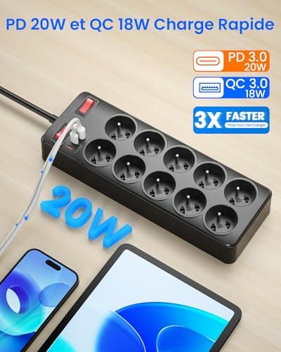 Multiprise with Switch 10 French SocketsWith Earth 16A 2P+T, Rapid Charge Block PD20W 2100J Lightning and Overvoltage Pr