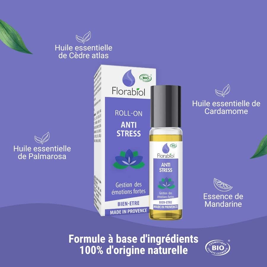 FLORABIOL Roll On Anti Stress Certifié Bio 100% Naturel 10 ml - 4 Huiles Essentielles - Réduit le Stress & l’Anxiété - F