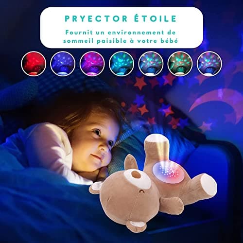 Peluche Bruit Blanc HuBorns Bébé et Veilleuse Musicale, Jouet Projecteur Berceuse Dormir 15 Chansons, Cadeau Naissance O