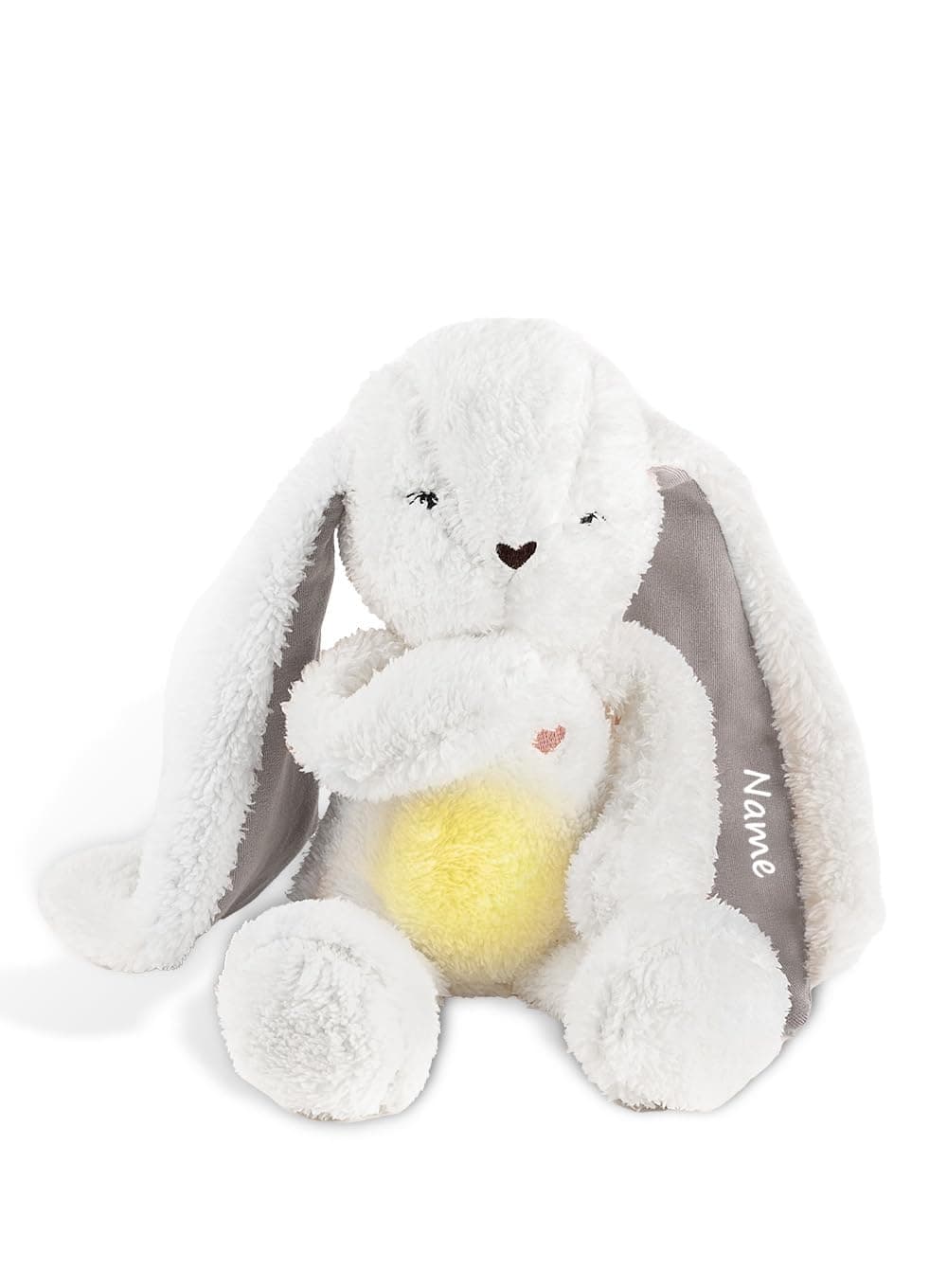 myHummy Lapin 5 en 1 avec nom - Jouet éducatif interactif pour enfant, lumière vibrez sons, confort de sommeil, écru-gri
