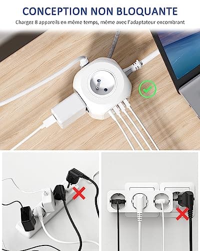Multiprise Lenovo avec Interrupteur Parafoudre 4 Prises 3USB Type C, Bureau et Maison Tressé Câble 3M
