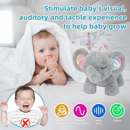 Peluche qui respire Faune Relaxant pour bébé, Veilleuse élec. musicale et lumineuse Les éléphants endormis, Cadeau naiss
