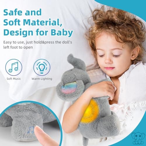 Peluche qui respire Faune Relaxant pour bébé, Veilleuse élec. musicale et lumineuse Les éléphants endormis, Cadeau naiss
