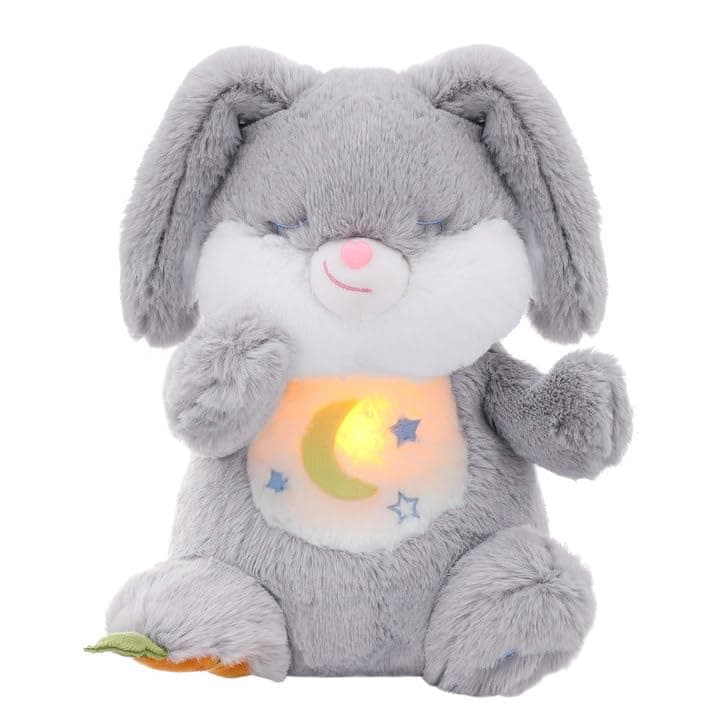 Edencomer Peluche Qui Respire avec Bruit Blanc, Veilleuse Musicale et Lumineuse, Cadeau pour Bébé Nouveau-Né (Pingouin G — Lapin Gris