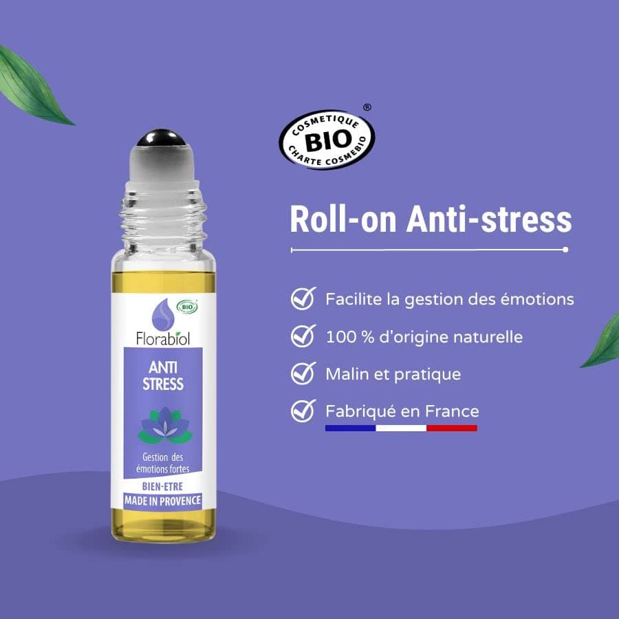 FLORABIOL Roll On Anti Stress Certifié Bio 100% Naturel 10 ml - 4 Huiles Essentielles - Réduit le Stress & l’Anxiété - F