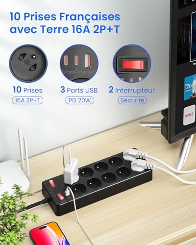 Multiprise with Switch 10 French SocketsWith Earth 16A 2P+T, Rapid Charge Block PD20W 2100J Lightning and Overvoltage Pr