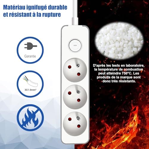 EXTRASTAR Multiprises 3 Prises avec Sécurité Enfant, Bloc 3 Prises avec Interrupteur, Rallonge 1.5m 230 V en Blanc