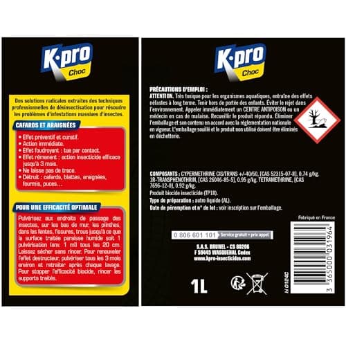 K.PRO CHOC - Spray Aérosol Anti Cafards et Araignées - Action Radicale, Effet Longue Durée - 1l