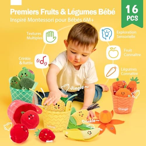 Hahaland Jouet Bebe 6 Mois Sensoral Eveil 6-12 Mois, Grande Sélection Fruits et Légumes Jouets Peluche, Cadeau Montessor
