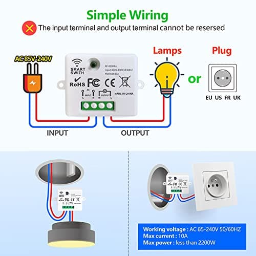 Tedeligo Interrupteur Sans Fil Va Et Vient 433 MHz Kit - Contrôle à Distance 150 Mètres - 2200 Watts (1 Emetteur 3 Récep
