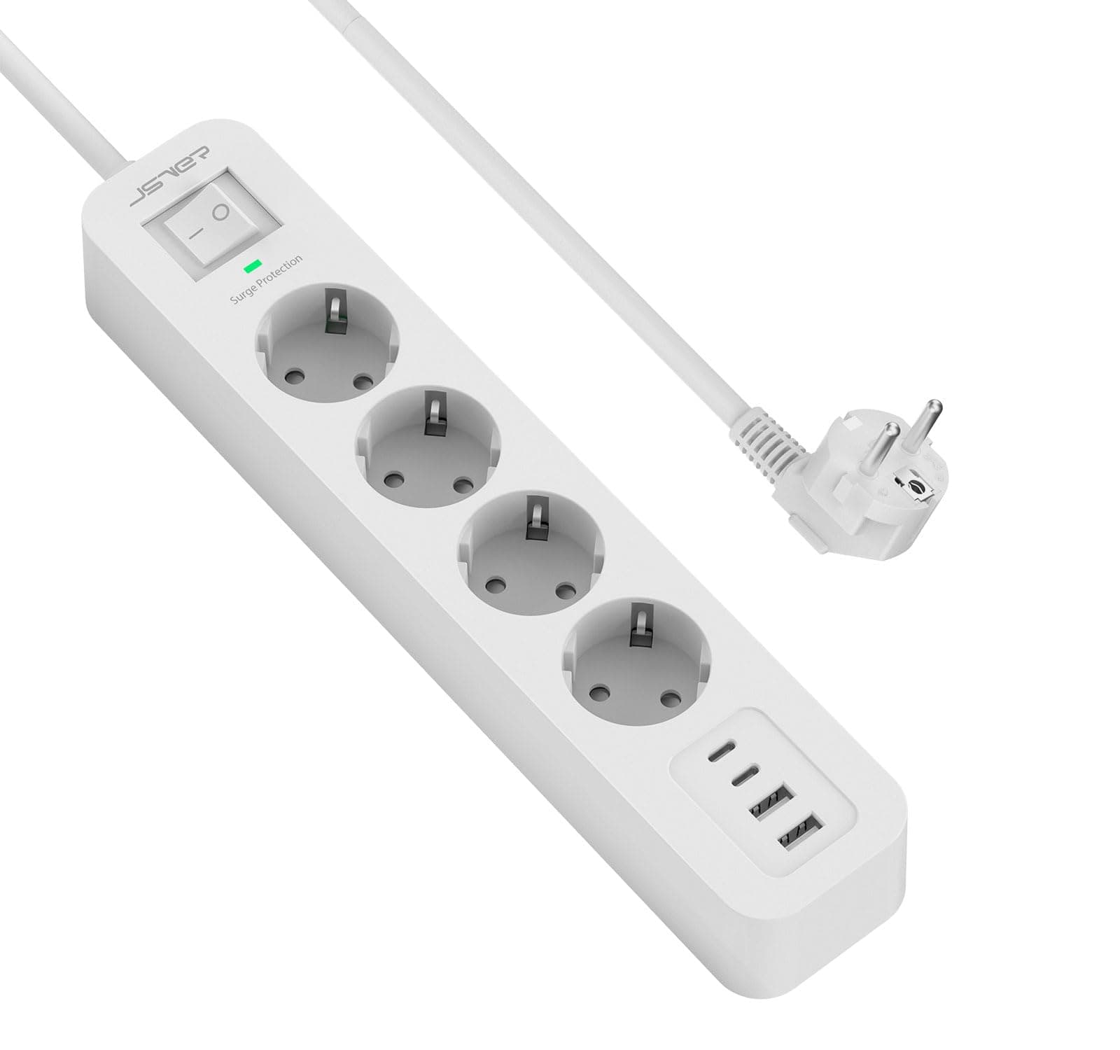 JSVER Multiprise USB Cpour Voyageurs Actifs, Parasurtenseur 3680W Parafoudre et Surtension Multi Prises Blanc