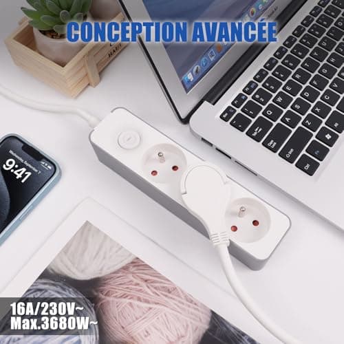EXTRASTAR Multiprises 3 Prises avec Sécurité Enfant, Bloc 3 Prises avec Interrupteur, Rallonge 1.5m 230 V en Blanc