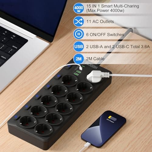 Multiprise USB commutable HEEKIM 11 prises 2 USB-A 2 USB-C 4000W Noir