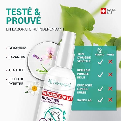 SERENI-D - Spray Anti Punaise de Lit Puissant Résultats Rapides - Traitement Naturel aux Huiles Essentielles 100mL