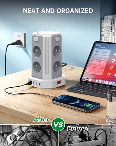 Multiprise Parafoudre et Surtension Tour Multiprise 8 Sorties AC 4 Ports USB Blanc Convient pour Maison et Bureau