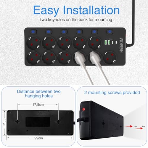 Multiprise USB commutable HEEKIM 11 prises 2 USB-A 2 USB-C 4000W Noir