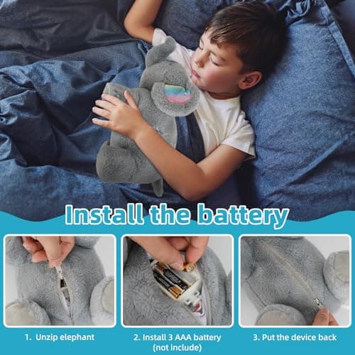Peluche qui respire Faune Relaxant pour bébé, Veilleuse élec. musicale et lumineuse Les éléphants endormis, Cadeau naiss