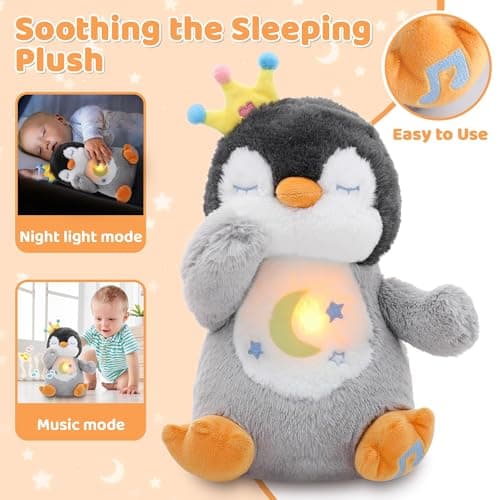 Edencomer Peluche Qui Respire avec Bruit Blanc, Veilleuse Musicale et Lumineuse, Cadeau pour Bébé Nouveau-Né (Pingouin G