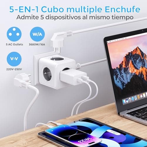 Prise cubique 5 en 1 Murale 3680W Gris pour Domicile et Bureau