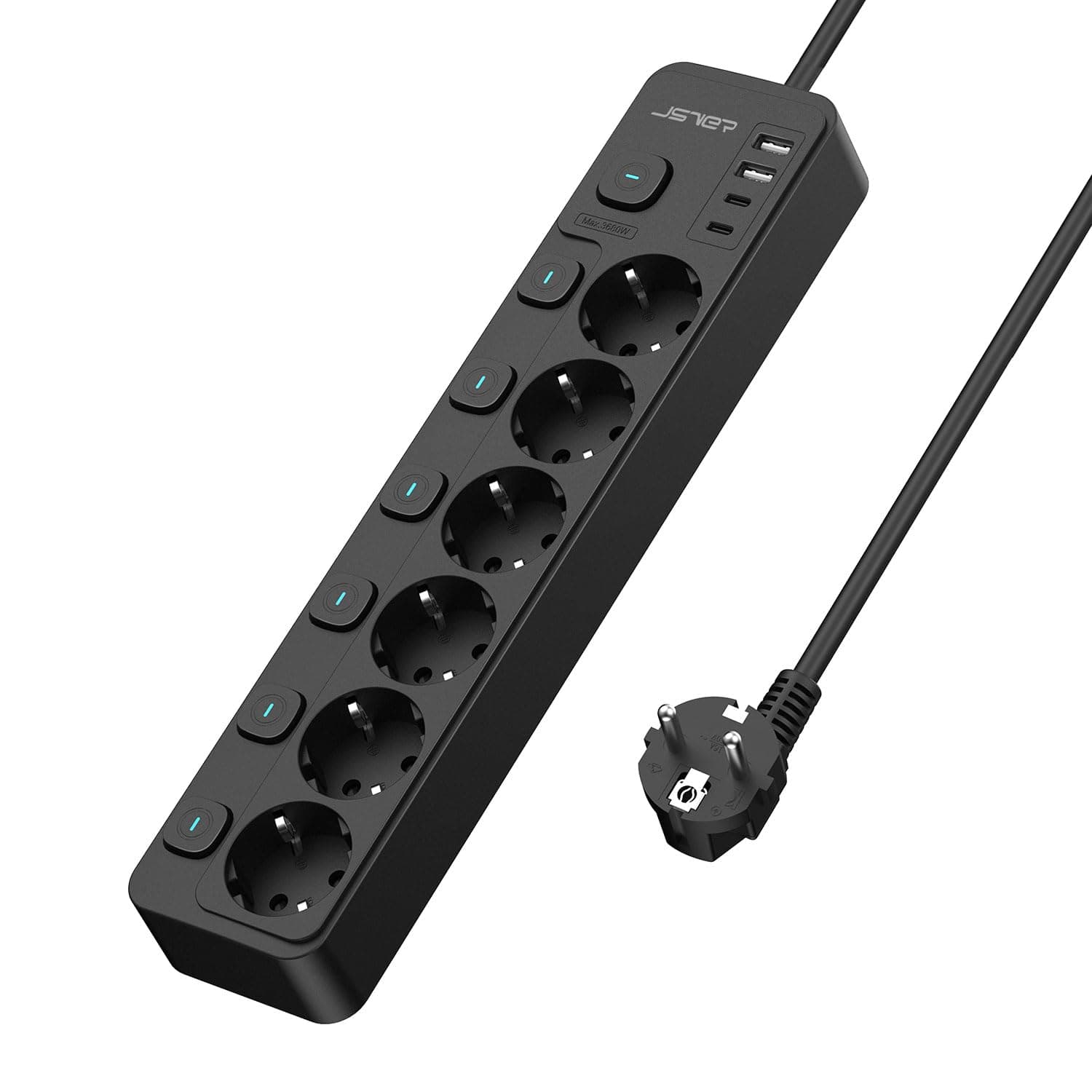 JavaScripter Multiprise USB avec Interrupteurs individuels - Multiprise 6 prises 2 USB - Noir