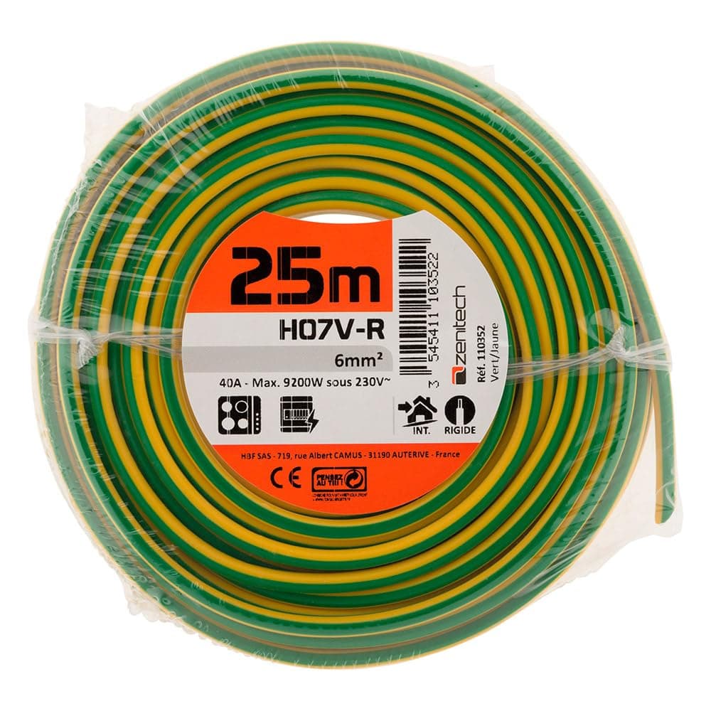 Zenitech Câble électrique HO7VR 6mm² 25m Vert/Jaune pour usages résidentiels et industriels - Fil d'alimentation 6mm² du