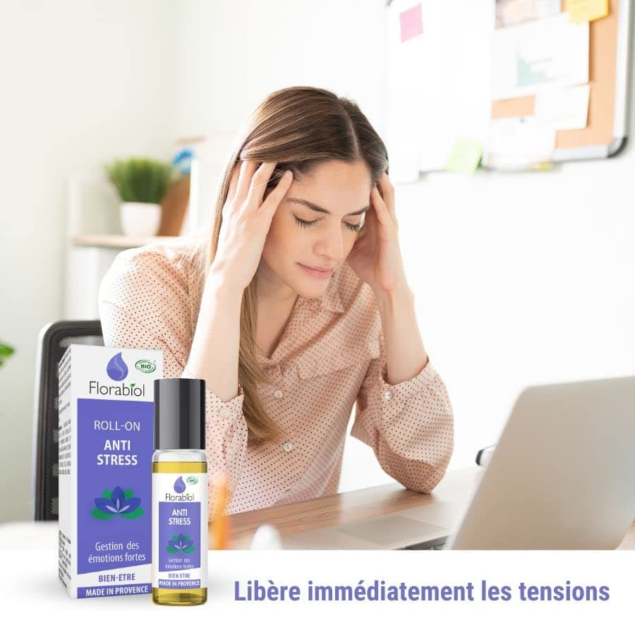 FLORABIOL Roll On Anti Stress Certifié Bio 100% Naturel 10 ml - 4 Huiles Essentielles - Réduit le Stress & l’Anxiété - F