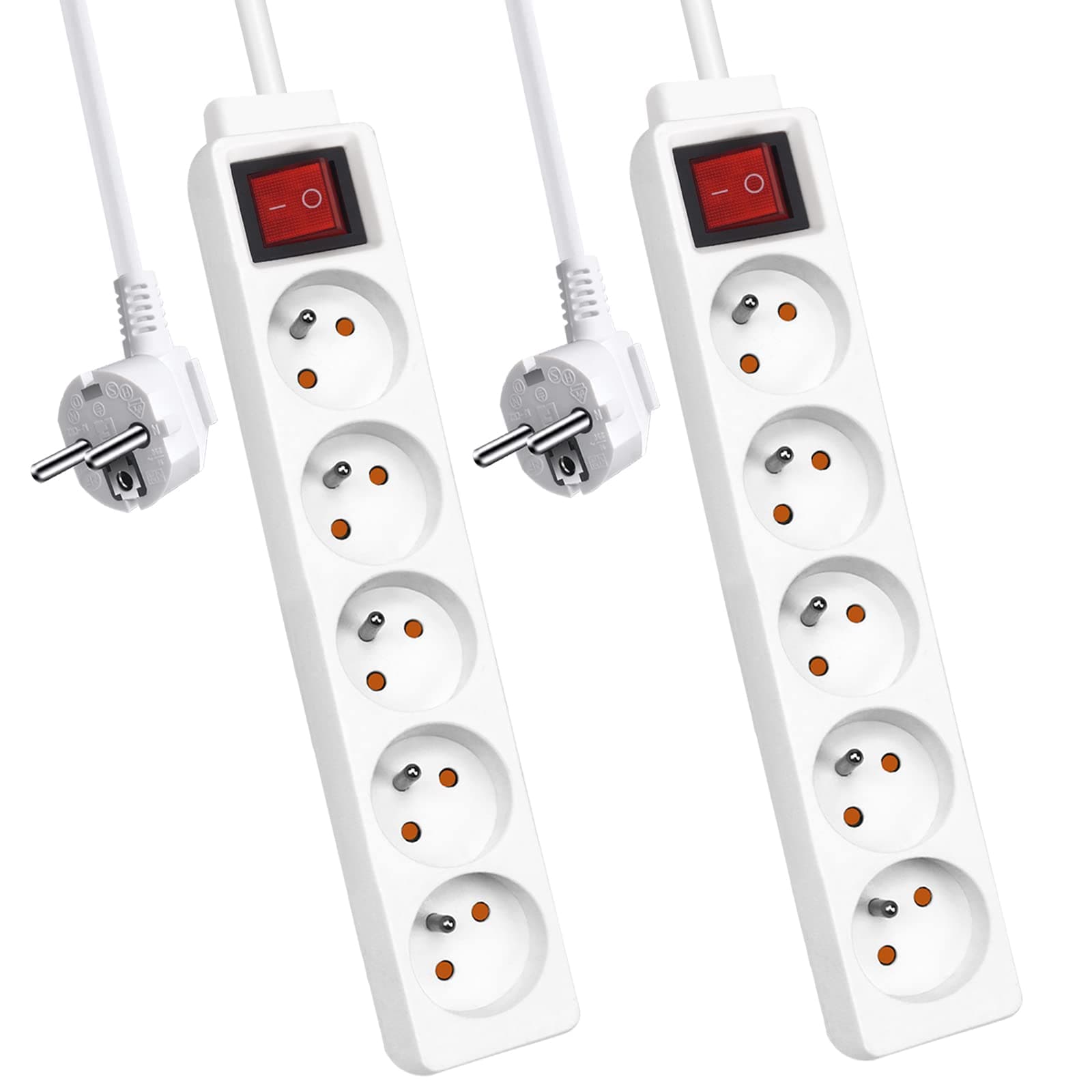EXTRASTAR Bloc Multiprise 5 Prises 16A Blanc Lot de 2 - Interrupteur Rallonge Electricité