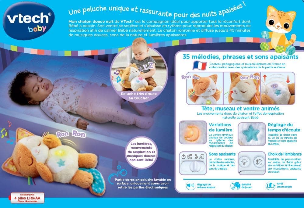 VTech Mon Chaton Douce Nuit - Peluche Chat Qui Respire, Veilleuse Bébé Musicale avec Lumière, Berceuses et Bruits Blancs