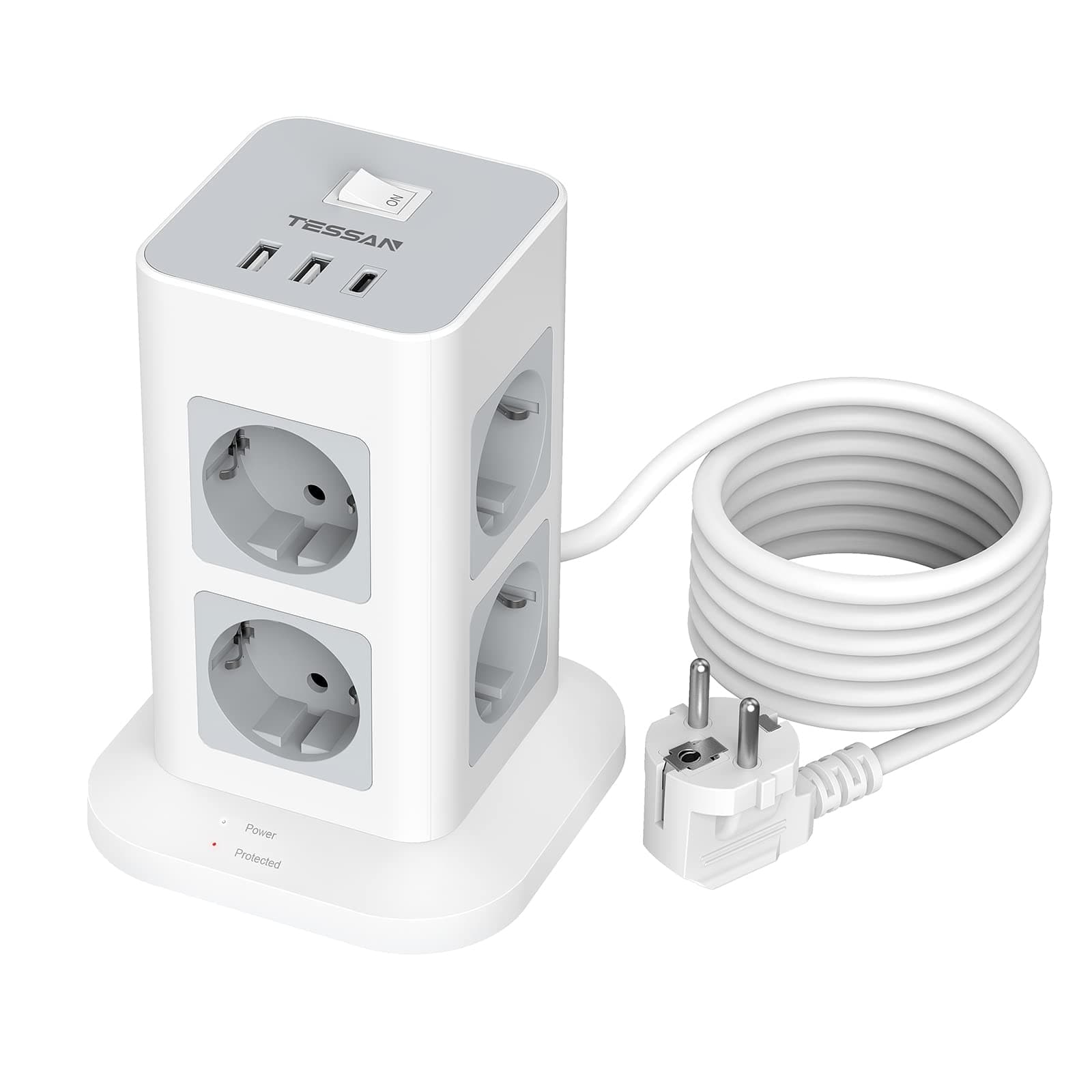 TESSAN Tour Multiprise Parafoudre et Surtension Gris Convient pour Bureau et Maison 8 Sorties AC 3 Ports USB 3600W Inter