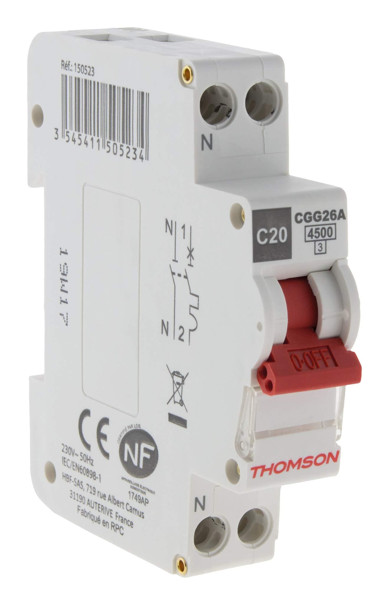 Thomson - Disjoncteur PH+N 20A NF à vis - pour électriciens - travaux domestiques - protection contre les courts-circuit