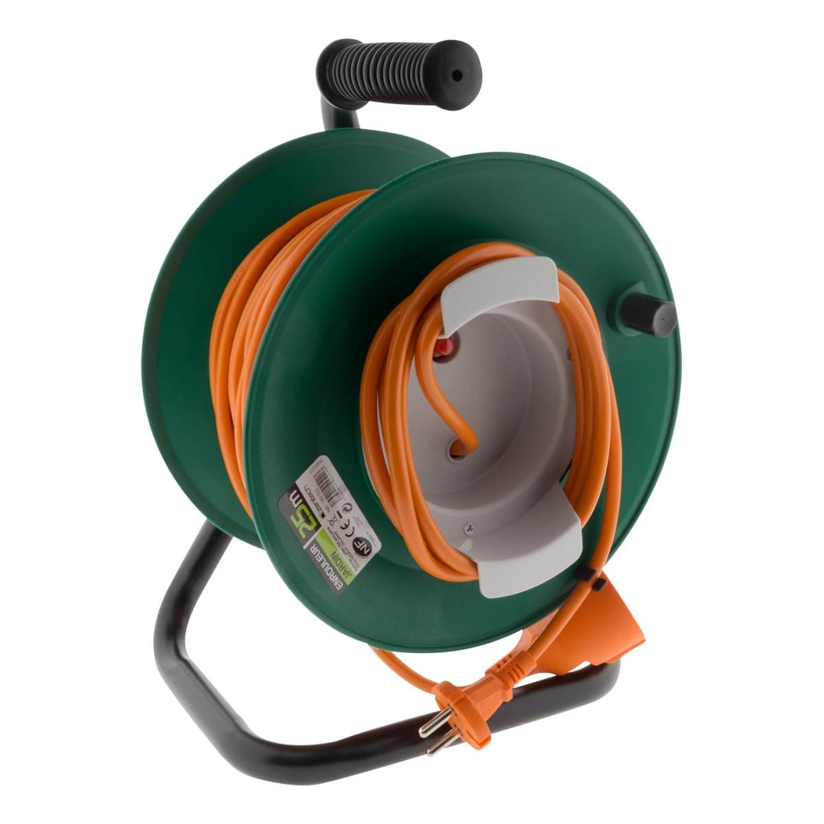 Enrouleur sans Prise 2x1,5mm² 25m Base Métal + Coupe Circuit Électrique - Vert/Orange - Zenitech