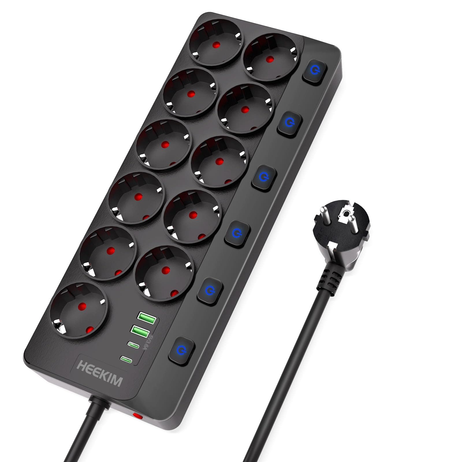 Multiprise USB commutable HEEKIM 11 prises 2 USB-A 2 USB-C 4000W Noir